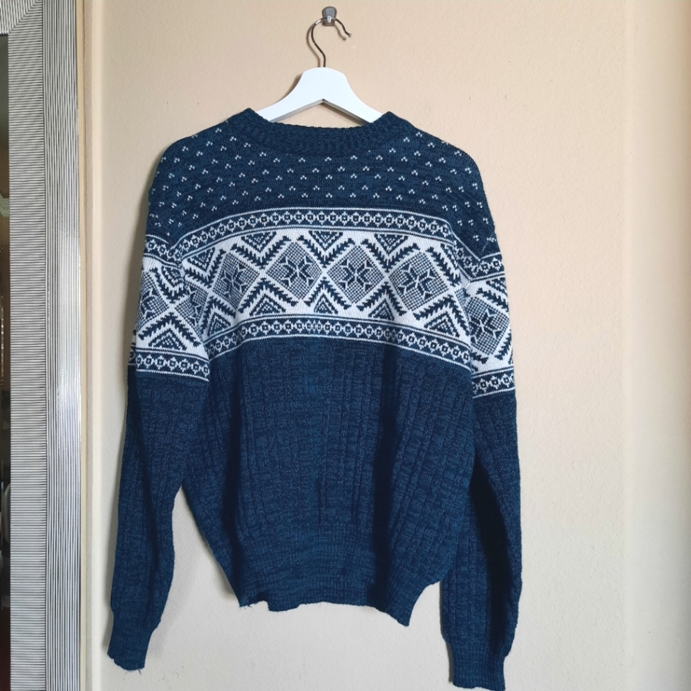 Vintage Teal And Black Sweater Fair Isle Festive Holiday Christmas Eclectic